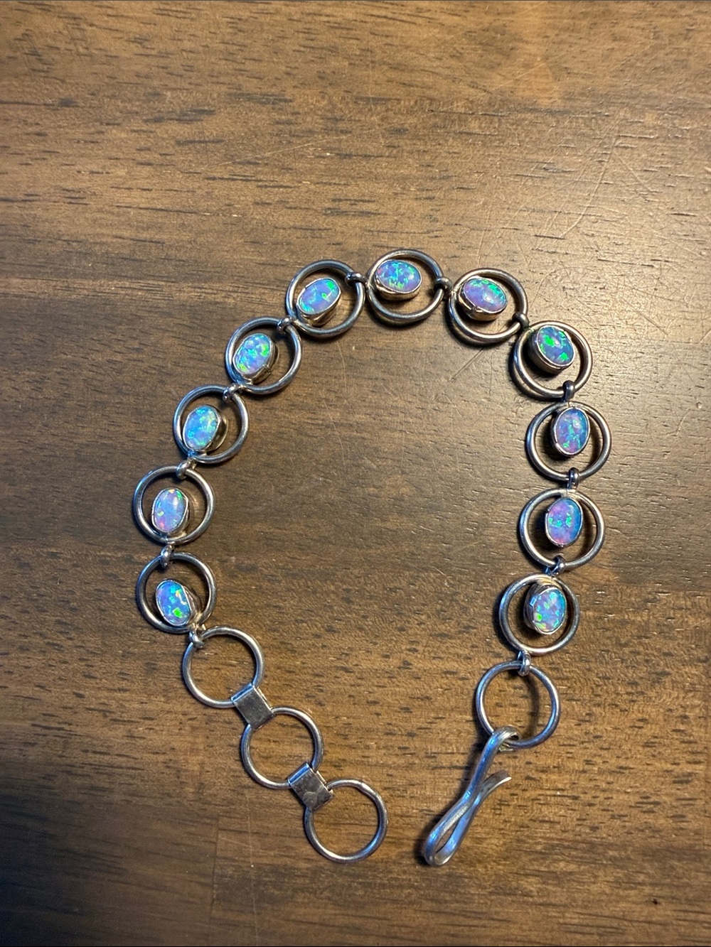 Silver Opal-Style Link Bracelet - Blue-Green Iridescent Stones